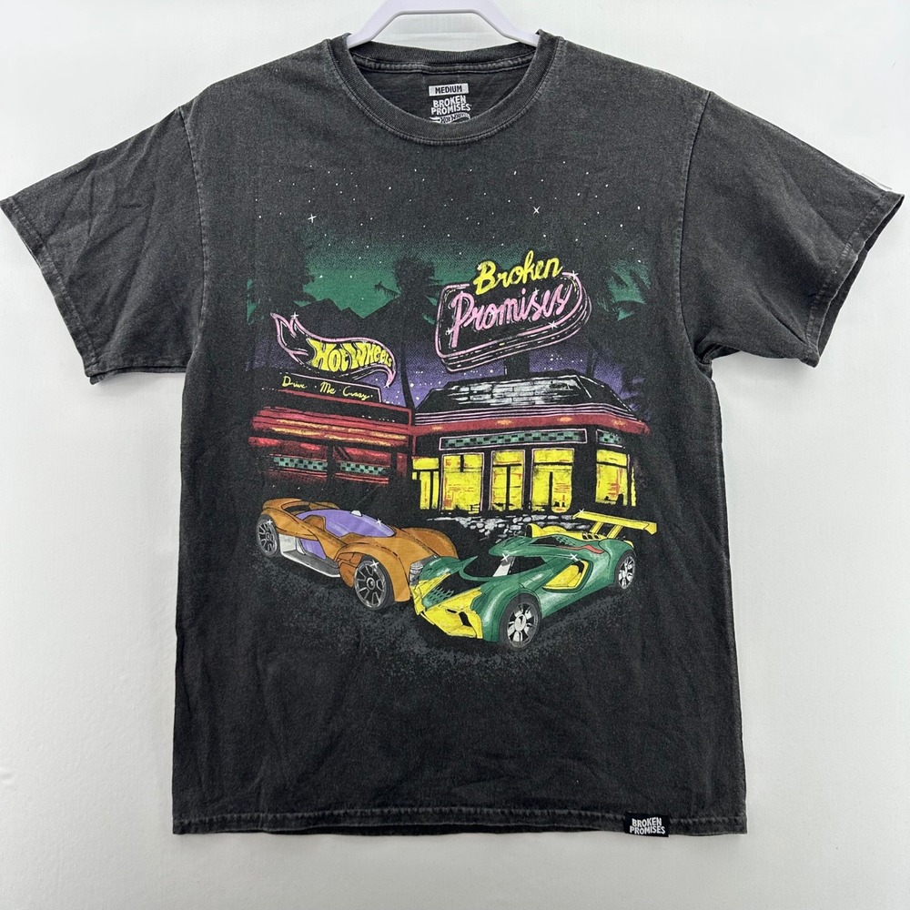 Broken Promises x Hot Wheels Graphic Tee Diner Neon Cars Black Size M‎ NWOT